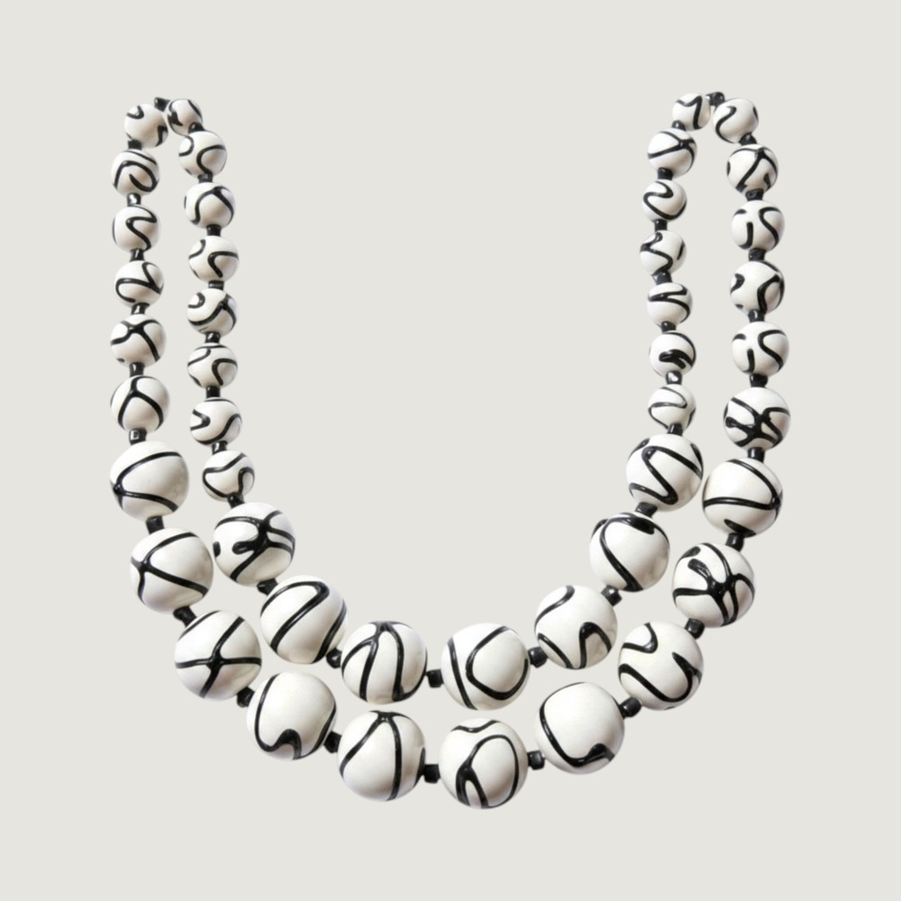 Vintage Necklace‎ Womens White Black Excellent Double Strand Swirl Bead 17"